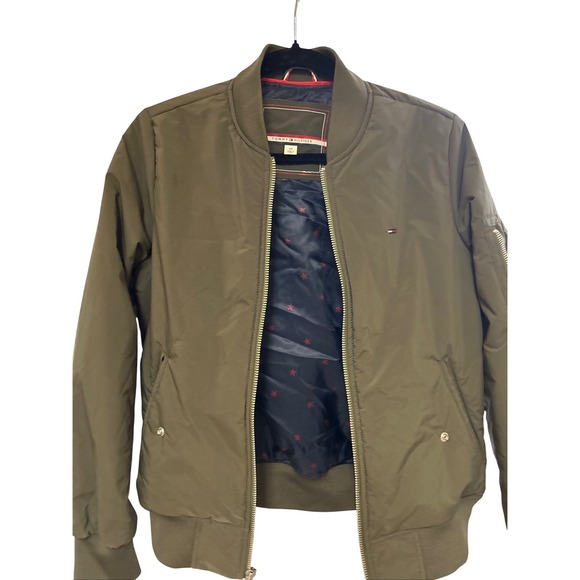 Tommy Hilfiger Olive Green Bomber Jacket Small S Flight Full Zip Lightweight - Picture 9 of 11